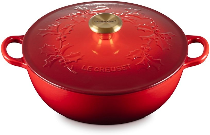 Le Creuset Enameled Cast Iron Holly Collection Soup Pot, 4.5 qt., Cerise with Gold Knob - Product Image