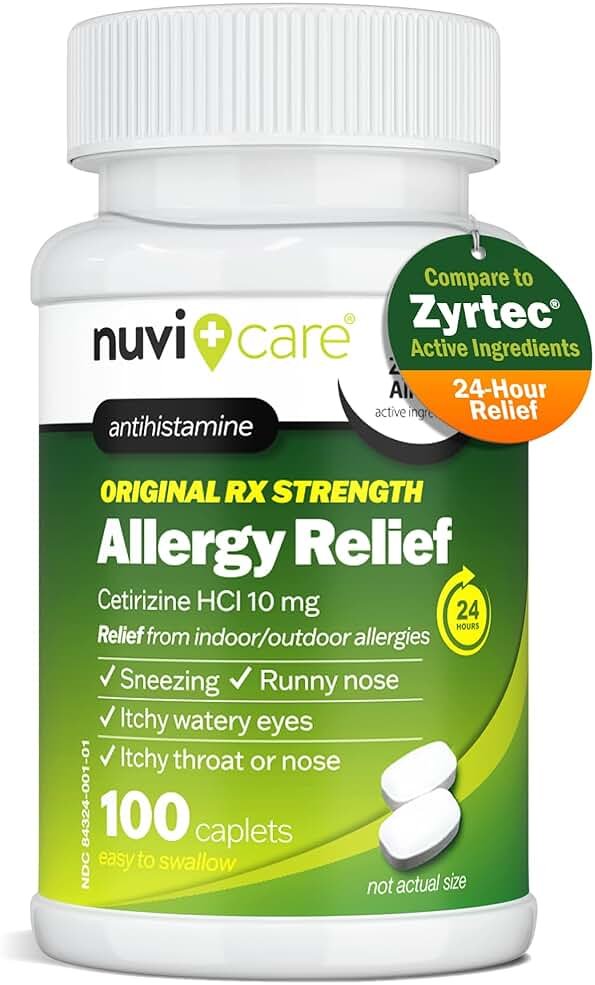 Nuvicare 24-Hour Allergy Medicine - Cetirizine Hydrochloride 10mg Tablets - Compare to the Active Ingredient in Zyrtec Antihistamine Meds - Generic Allergy Pills for All Day Allergy Relief (100 Count) - Product Image