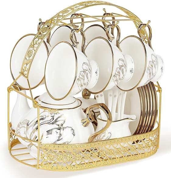 fanquare British Porcelain Tea Coffee Set 22 Piece New Bone China Gold Tulip Tea Service for Afternoon Tea, 6 TeaCup and Saucers with Metal Holder for Home Wedding Birthday - Product Image