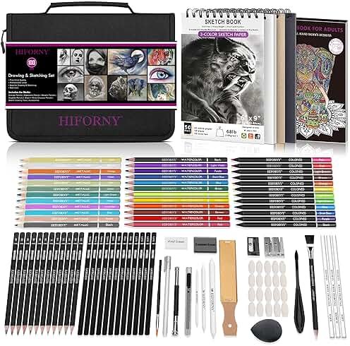 HIFORNY 100 PCS Drawing & Sketching Set, Professional Art Supplies with Graphite,Charcoal, Colored,Watercolor,Metallic Pencils,Blending Tools,Sketchbook and Coloring Book in Zipper Case (Black) - Product Image