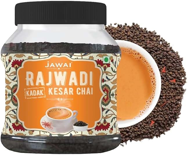 JAWAI RAJWADI KADAK KESAR CHAI TEA, Saffron Tea, Loose Leaf Black Tea (100 Cups/8.8 oz), Authentic Indian Tea with Saffron, Premium Flavor Chai Blend for Chai Latte, Hot & Traditional Brewing - Product Image