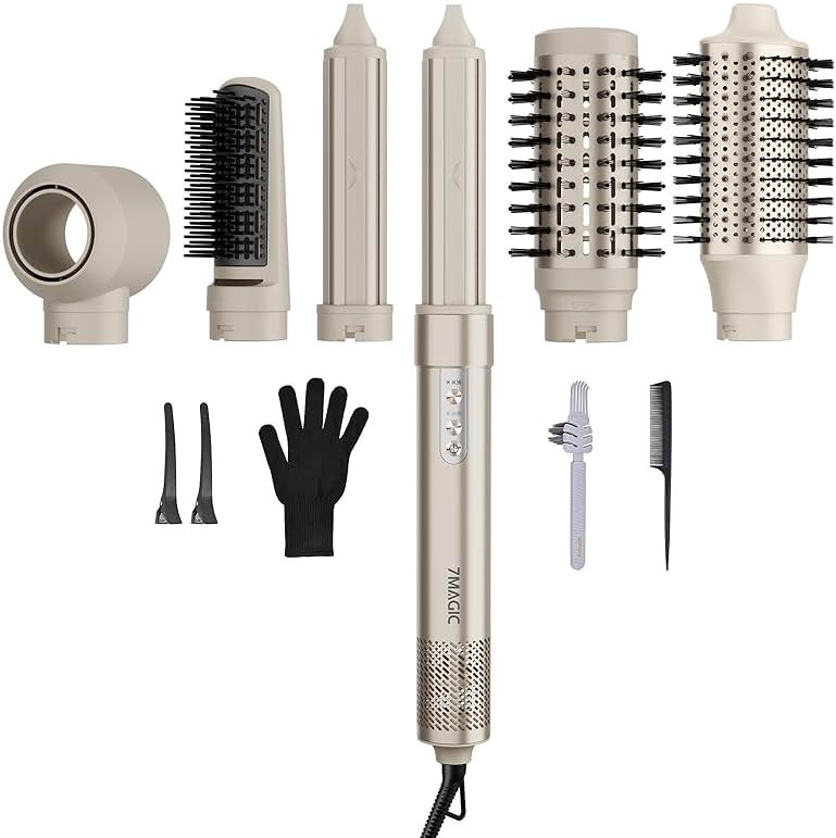 7MAGIC 6 in 1 Multi Hair Styler Dryer Brush, 110,000 RPM High-Speed, Negative Ionic, Fast Drying for Professional Blow Dry, Curling, Volumizing, Straightening and Styling, Gold - Product Image