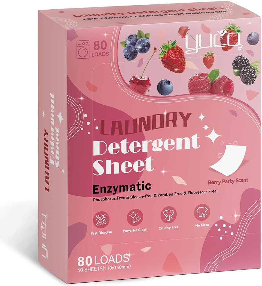 YUCO Laundry Detergent Sheets Berry Scent 80 Loads Eco Laundry Soap Washer Sheet, Liquidless Washing Detergent Sheets for Laundry for Travel, Plastic Free, Hypoallergenic - Product Image