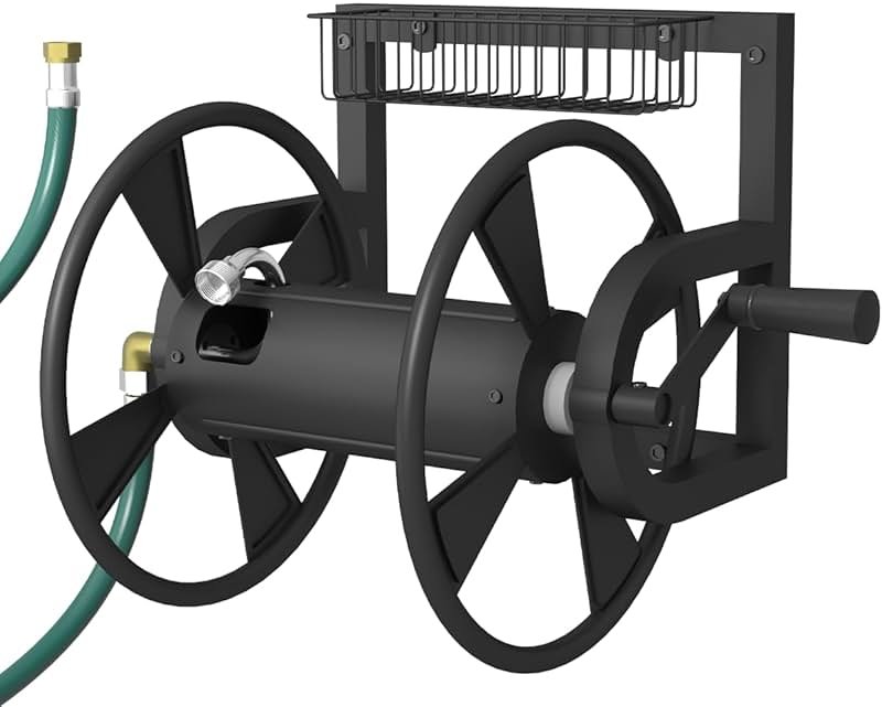 Artigarden Garden Wall Mounted Hose Reel, Outdoor Heavy-Duty Water Hose Holder Winder, Holds 125 Feet of 5/8-Inch Hose, with 3.9 ft Leader Hose, Water Fitting and Storage Basket for Yard, Black - Product Image