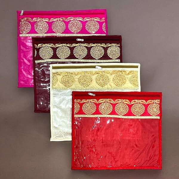 LoveNspire Pack of 4 Assorted Sari Bag with Zipper Closure Transparent Saree Cover Wardrobe Clothes Organiser Sari Storage Bag Indian Wedding Favor Cloth Case Gift Packing - Birthday Anniversary - Product Image