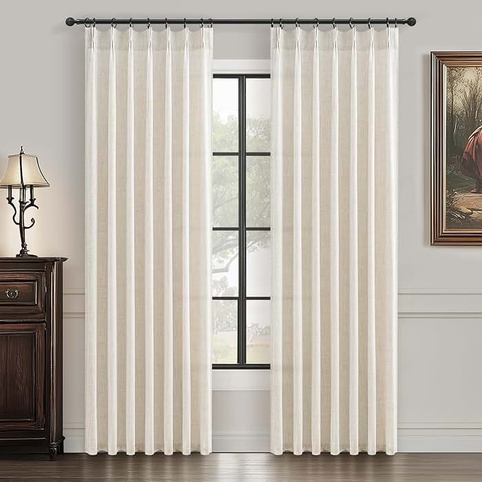 Pinch Pleat Thick Linen Viral Curtains 84 Inch Length 2 Panels Set for Living Room,Cream Beige Neutral Pleated Semi Sheer Curtain Light Filtering Privacy Let Light in Bedroom Window Drapes 40" Wx84 L - Product Image