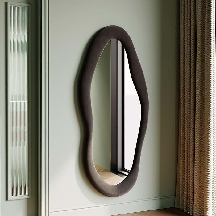 Honyee 55" x 24" Wavy Mirror, Flannel Wrapped Wooden Frame, Irregular Hanging for Cloakroom/Bedroom/Living Room, Black - Product Image