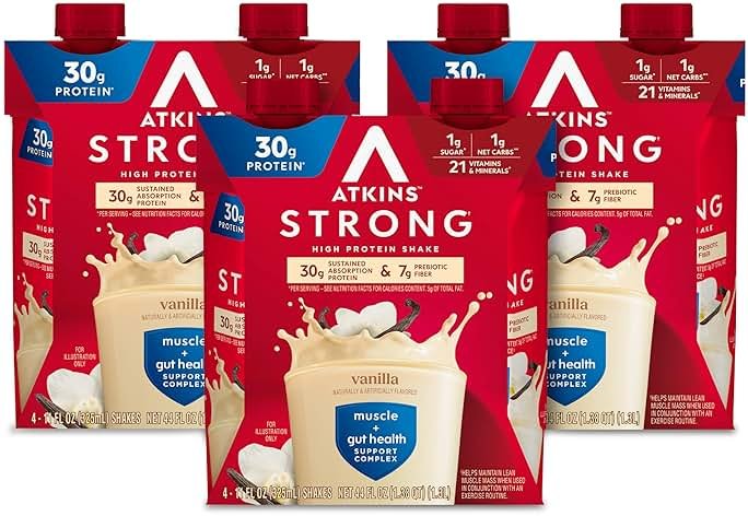 Atkins Strong High Protein Shake, Vanilla Flavored, 30g Protein, Low Carb and Low Sugar Shake, Keto Friendly, Gluten Free, Muscle and Gut Health Support Complex, 12 Count - Product Image