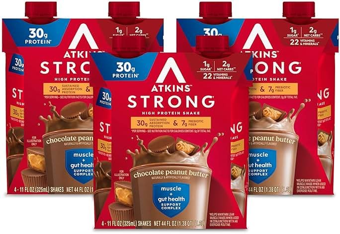 Atkins Strong High Protein Shake, Chocolate Peanut Butter Flavor, 30g Protein, GLP-1 Support, Low Carb and Low Sugar Shake, Keto Friendly, Gluten Free, Muscle and Gut Health Support, 12 Count - Product Image