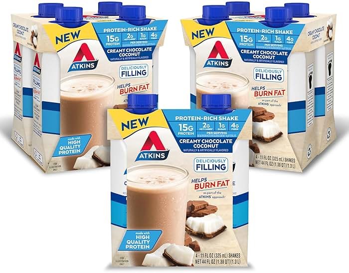 Atkins Creamy Chocolate Coconut Protein Shake, 15g Protein, 2g Net Carbs, 1g Sugar, Keto Friendly, 12 Count - Product Image