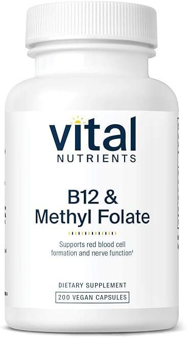 Vital Nutrients Vitamin B12 & Methyl Folate - Vegan Methylated Folate & B12 Supplement - 5-MTHF Plus B12 Supports Nervous System & Metabolism* - Gluten, Dairy, Soy Free - 200 Capsules - Product Image
