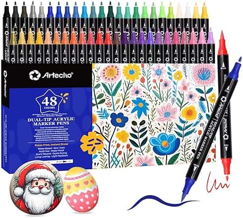 Artecho Acrylic Paint Markers 48 Colors, Acrylic Paint Pens with Brush Tip and Fine Tip for Stone, Rock Painting, Paper, Pumpkin, Wood, Egg, Canvas, Ceramic, Fabric, leather, Glass, DIY Crafts - Product Image