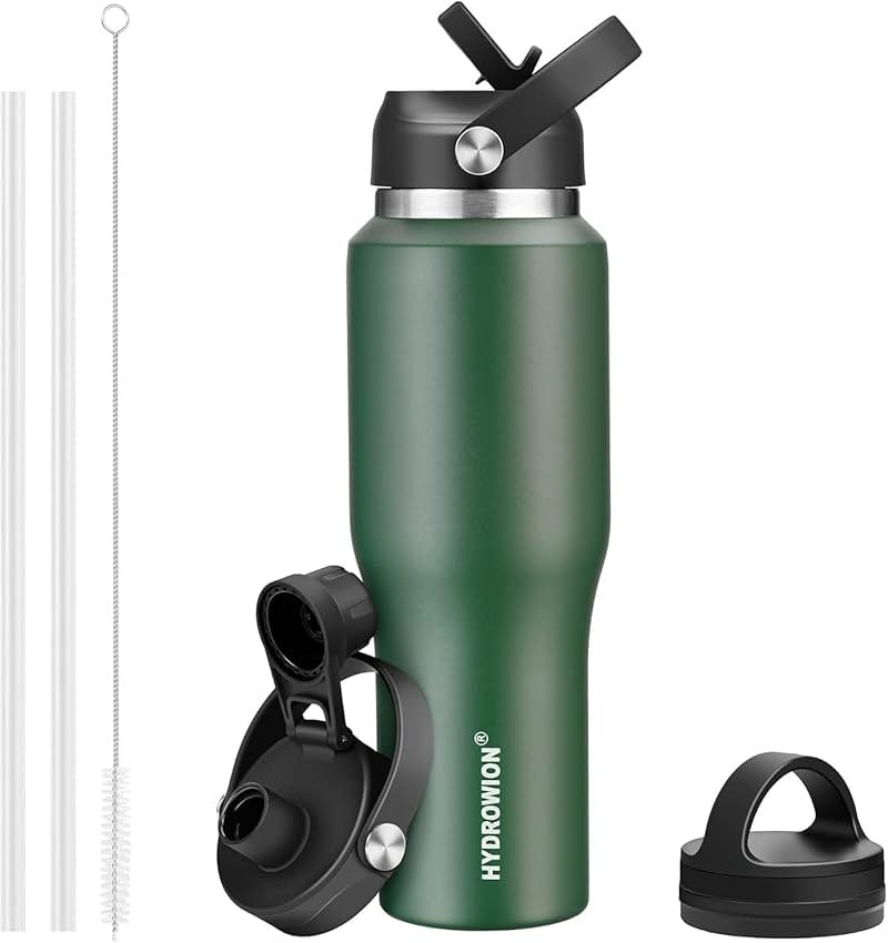 40 oz Insulated Water Bottle with Straw fit in Car Cup Holder(Cold 48 hrs, Hot 24 hrs) Drinking Bottle with Straw Lid, Spout Lid and Flex Cap Leakproof Travel Thermo Mug，Olive - Product Image