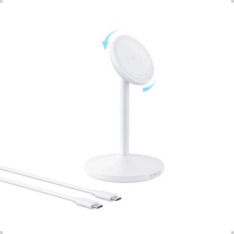 Anker MagGo iPhone 17 MagSafe Charger Compatible Stand, 15W Fast Magnetic Wireless Charging Station, Qi2 Certified 360° Wireless Charger (White, with Cable) - Product Image