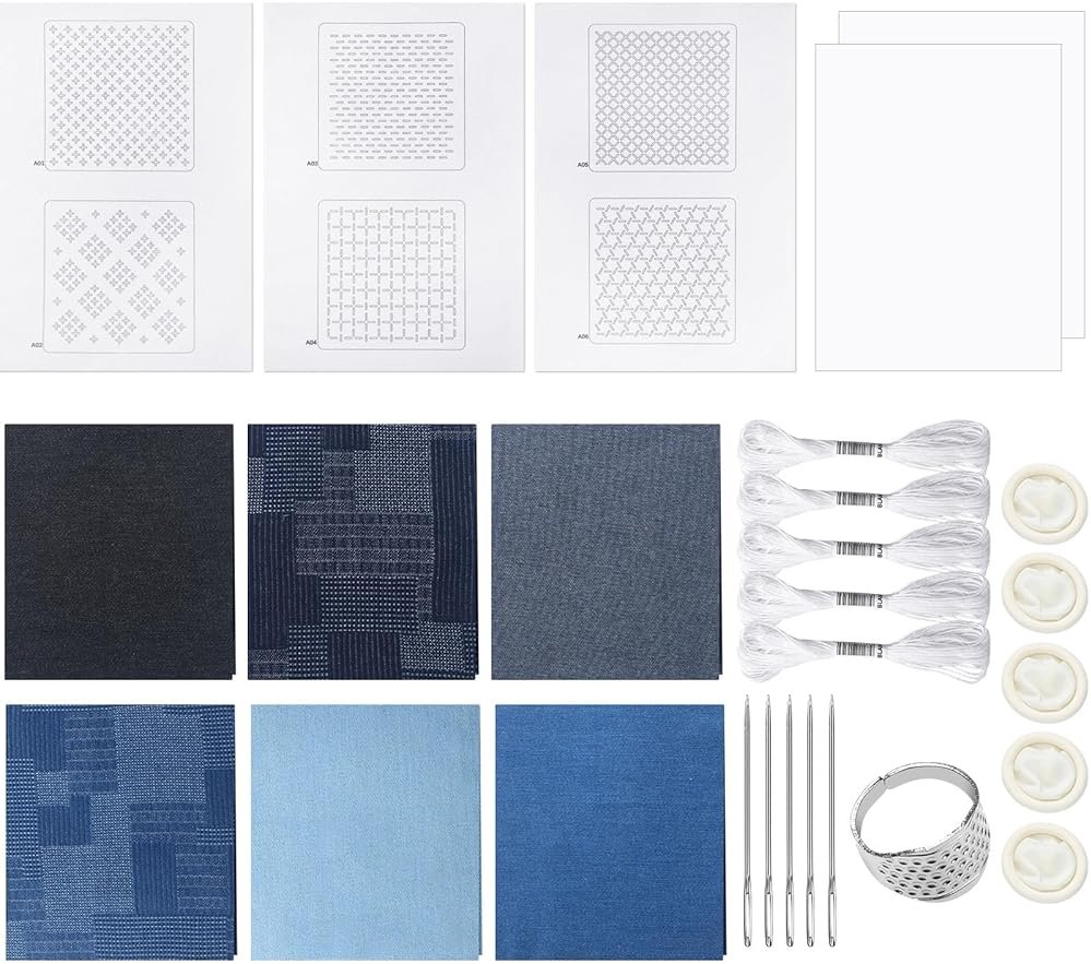 Hahafelt Sashiko Kit Sashiko Thread and Needles Thimble Denim Fabric Water Soluble Japanese Embroidery Kit for Beginners Hand Quilting and Mending, Sewing Supplies - Product Image