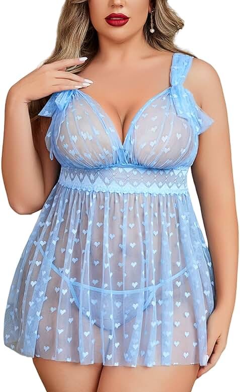 Avidlove Plus Size Lingeire for women Lace Babydoll Mesh Chemise Sexy Nightwear Sheer Nightie with Lace Up Bows L-4XL - Product Image