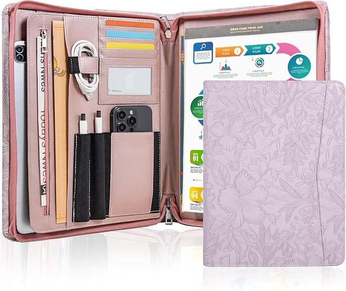 Embossed PU Leather Portfolio for Women,Professional Organize 3-Ring Padfolio with A4 Notepad Holder,Professional Business Document Organizer for Women (Purple) - Product Image