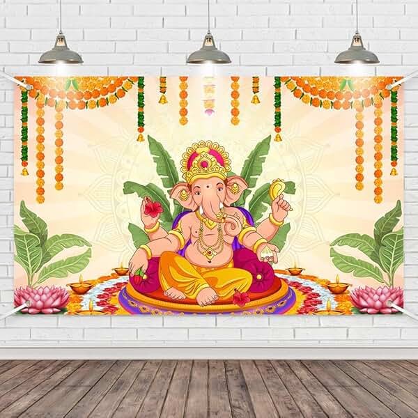 Wollmix Pooja Ganpati Decoration Banner Indian Puja Cloth Items Backdrop Traditional Chatiya Ganesh Mehndi Photography Background Wedding Festival Party Marigold Garlands Photo Booth 70.8x43.3inch - Product Image