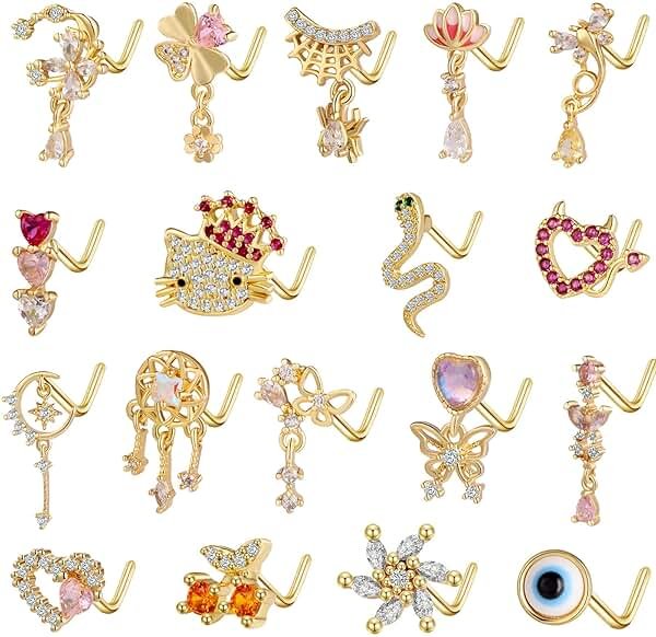 TAMHOO 18Pcs Nose Rings - L Shape, Butterfly & Heart Designs - Gold Nose Studs for Women - Product Image
