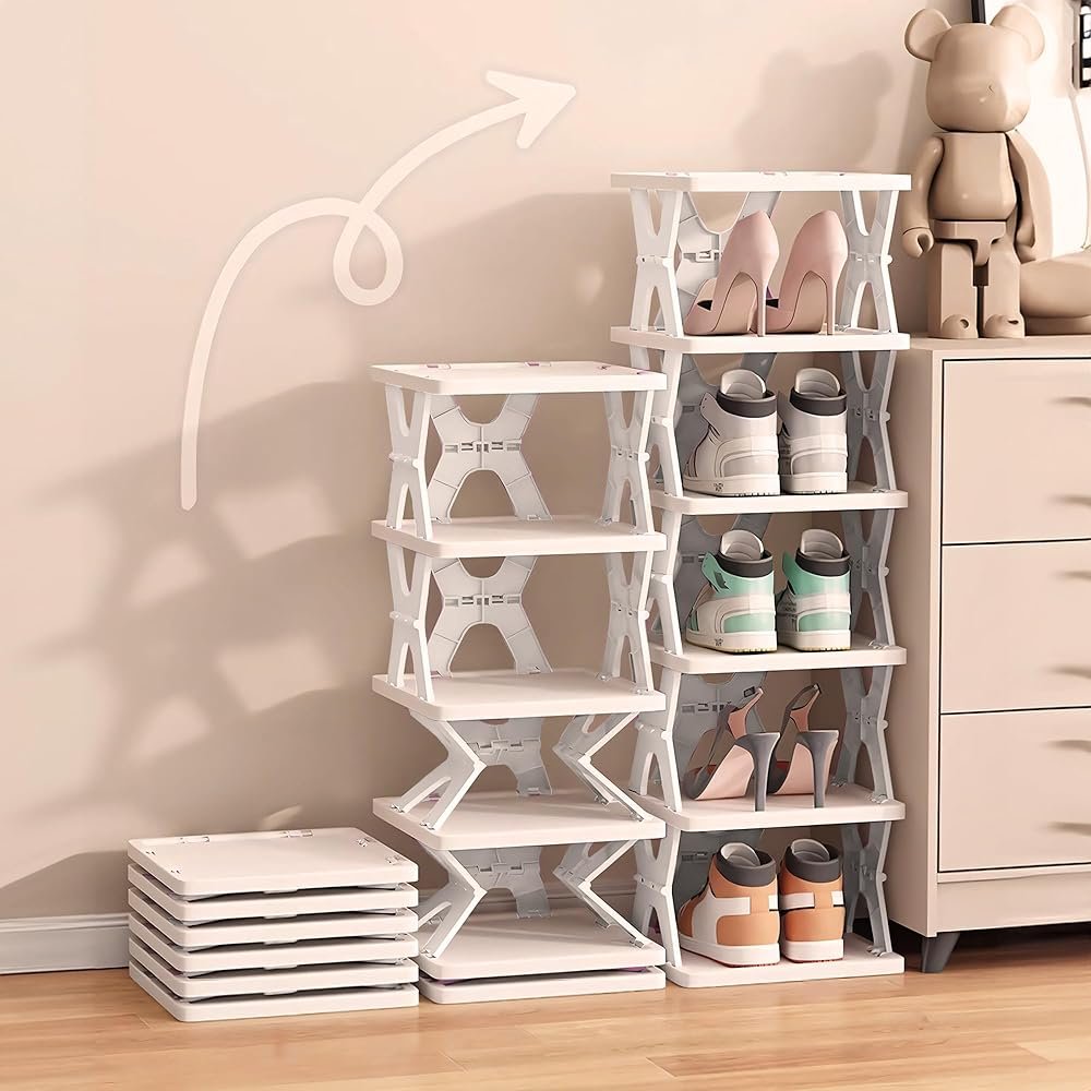 XDMTWLKJ Collapsible Shoe RackOrganizer 6 Tiers-Foldable Shoe Racks for Closet, Space-Saving Kid's Shoe Storage, No Assembly Shoe Shelves for Entryway, Living Room, Bedroom - Product Image