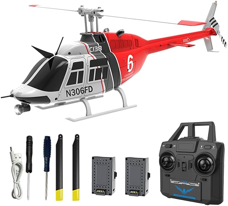Authticar C138 Remote Control Helicopter, Bell206 Helicopter 2.4GHz 4CH Single Propeller Aileron RC Aircraft One Click Roll Takeoff and Landing Six-axis Gyroscope, Air Pressure Setting - Product Image