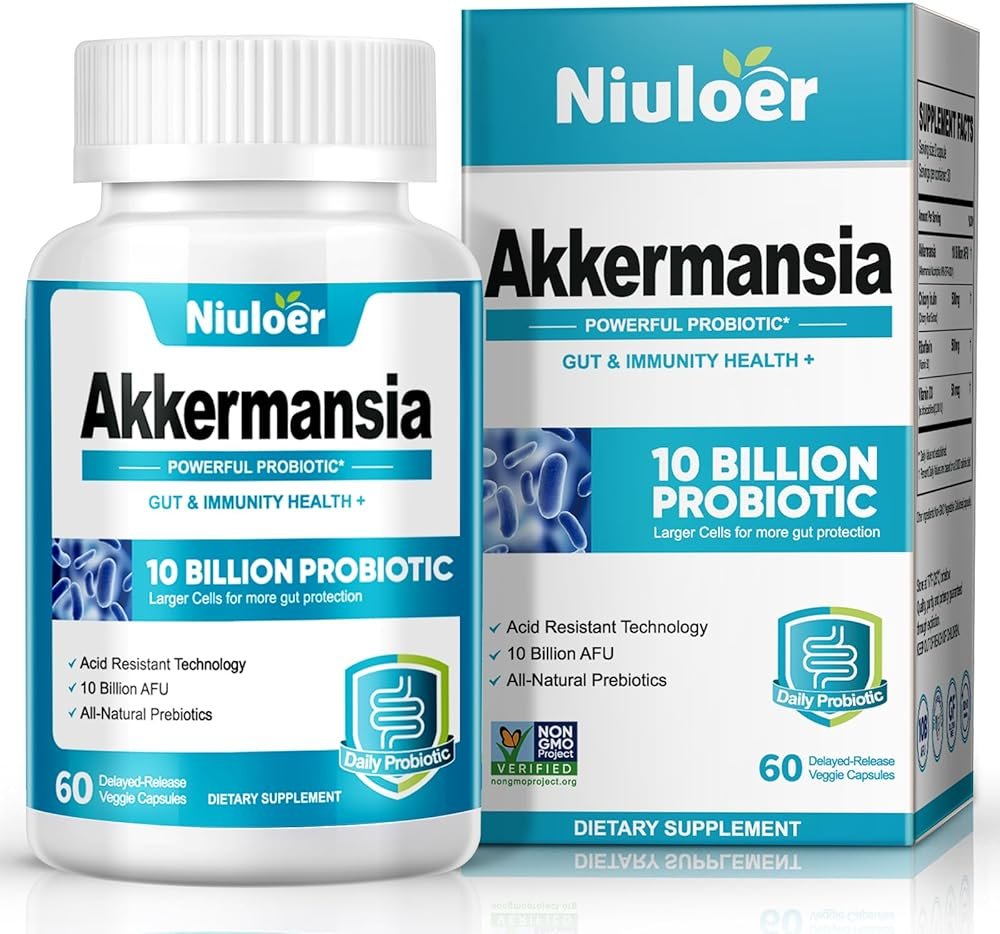 Niuloer Akkermansia Probiotic, Probiotics for Women & Men - 10 Billion AFUs + Organic Prebiotics, Digestive, Gut, Immune & Overall Health, Enhances Gut Digestive Lining Function (60 Capsules, 1-Pack) - Product Image