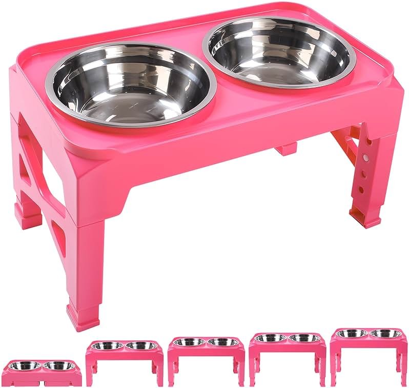 Hubulk Elevated Dog Bowls with 2 Stainless Steel Food & Water Raised Bowls with No Spill Edge Non-Slip Stand Adjusts to 5 Heights(3.2", 8.77", 9.9",11.1", 12.3")for Small Medium Large Dog and Pet Pink - Product Image