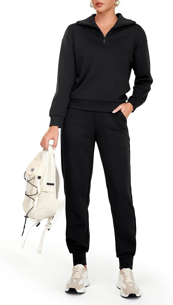 AFITNE Women's 2 Piece Outfits Sweatsuits Long Sleeve Tracksuit Casual Lapel Half Zip Sweatshirt Joggers Sweatpants Set - Product Image