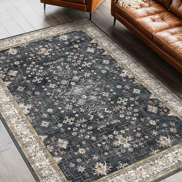Black Boho Living Room Rug 5x7, Washable Dark Vintage Moody Low Pile Non Slip Carpet for Bedroom, Dinning Room, Office, Farmhouse, Retro Area Rug Indoor Decor (5x7 Black/Multi) - Product Image