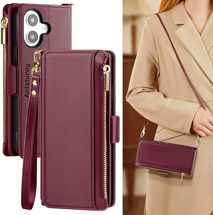 Antsturdy Compatible with iPhone 16 Wallet Case for Women【RFID Blocking】 Crossbody Phone Case PU Leather Zipper with Wrist Strap Flip Cover Credit Card Holder for Apple 16 6.1",Wine Red - Product Image