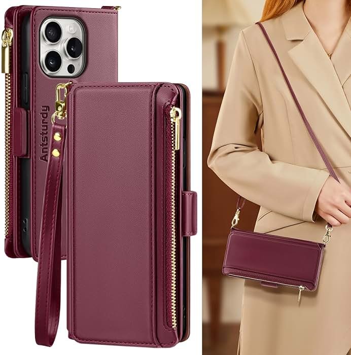 Antsturdy Compatible with iPhone 16 Pro Max Wallet Case for Women【RFID Blocking】 Crossbody Phone Case PU Leather Zipper with Wrist Strap Flip Cover Credit Card Holder for Apple 16 Pro Max,Wine Red - Product Image