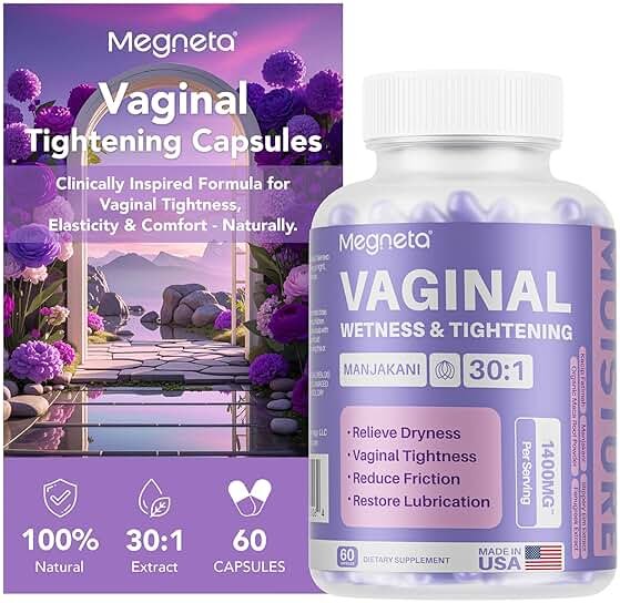 MEGNETA Vaginal Tightening Capsules for Women – Kacip Fatimah, Manjakani & Slippery Elm – Supports Feminine Firmness, Elasticity & Intimate Moisture – 60 Vegan Capsules - Product Image