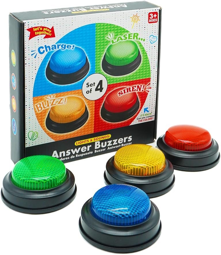 Gelabur Set of 4 Buzzers for Trivia Games, Answer Buzzers for Classroom, Family Feud Jeopardy Buzzer, Game Buzzers with Lights and Sound for Classroom, Game Show Buzzer Buttons - Product Image