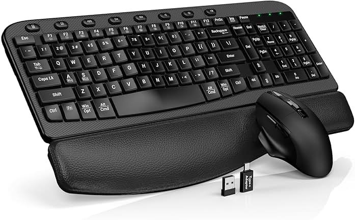 Wireless Keyboard and Mouse Combo – Ergonomic Wave Key, Built-in Leather Soft Palm Rest, 2.4G Full Size, 6-Button Mouse with 4-Level DPI, Dual USB-A/USB-C, MA12 for Windows & macOS Compatible- SABLUTE - Product Image