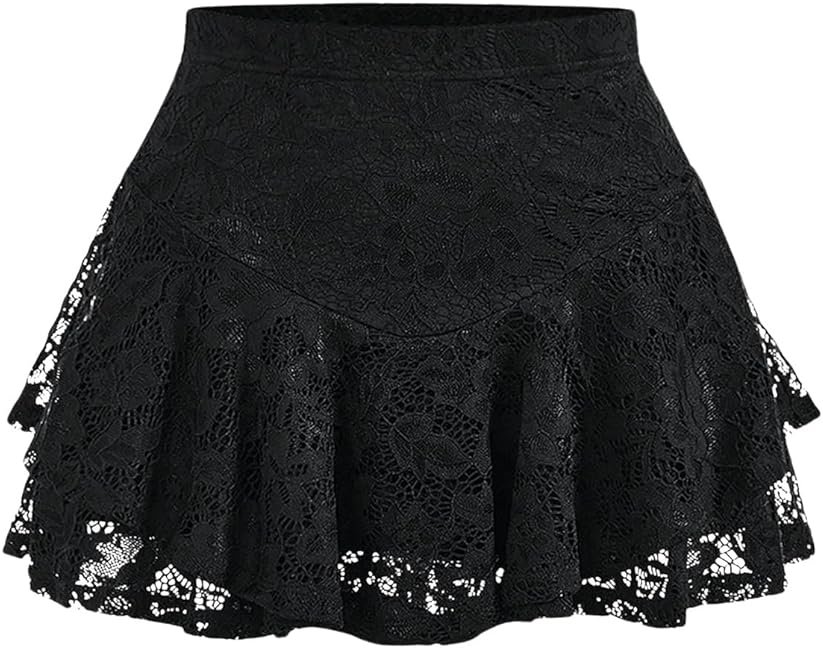 Verdusa Women's Plus Size Y2K Goth Floral Lace Ruffle Mini Skirts Gothic Clothes A Line Skirt Date Night Outfit - Product Image