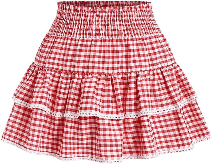 BEAUDRM Women's Y2K Gingham Skirt Plaid Ruffle High Waist A-Line Cake Mini Skirts with Lace Hem - Product Image