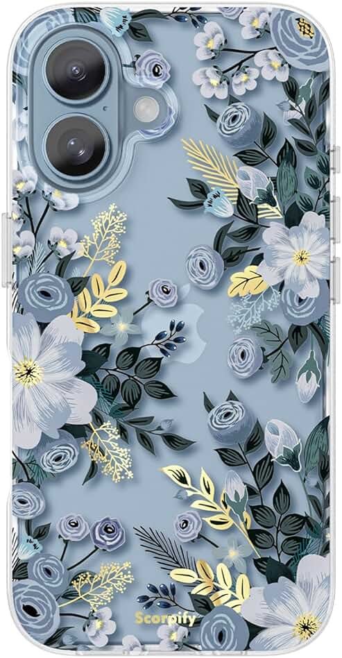 SCORPIFY for iPhone 16 Case with Blue Nemophila Floral Design, Cute Clear Flower Phone Cover for Women Girls, [Non Yellowing] Slim Shockproof Bumper with Gold Accents - Product Image