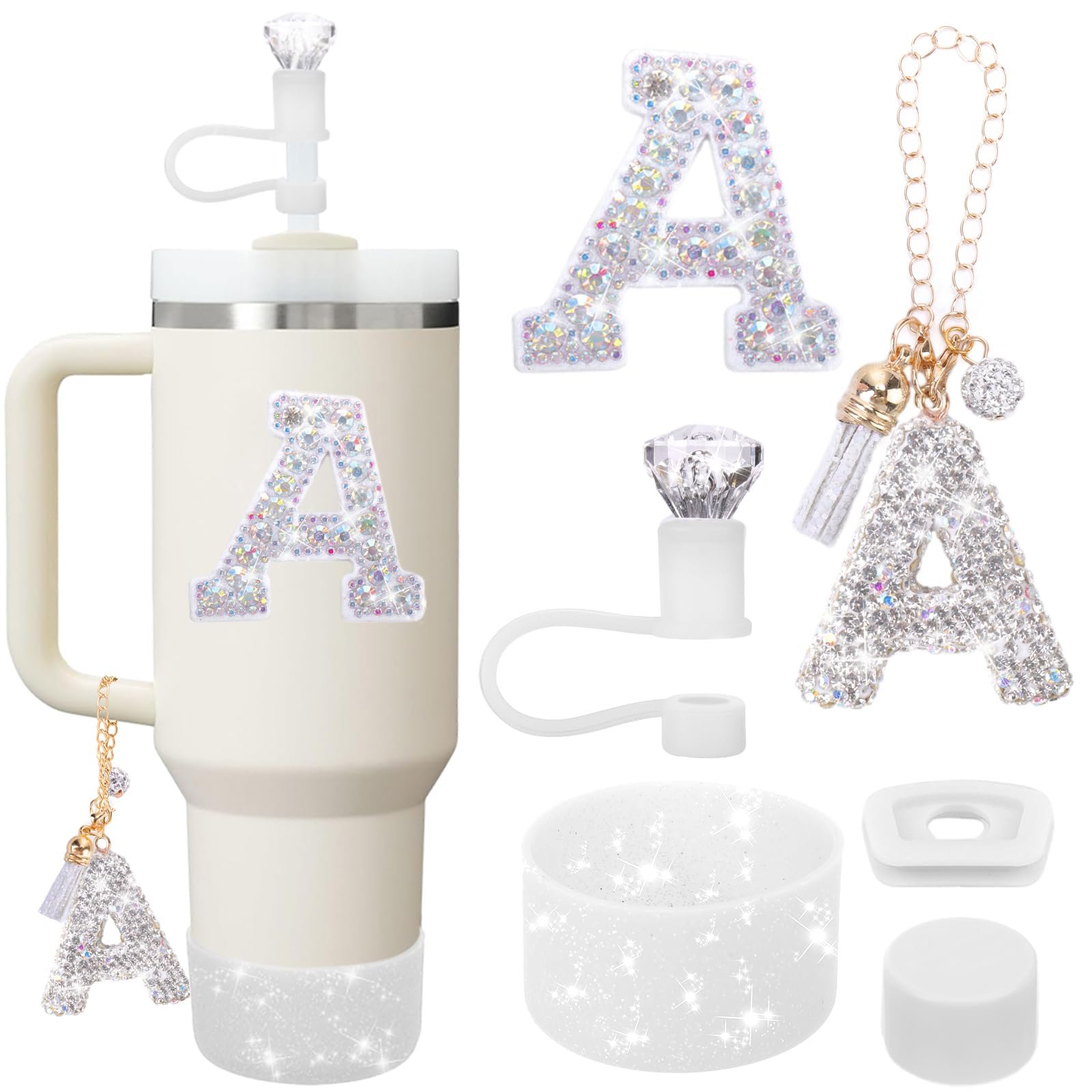 Mity rain Accessories Set for Stanley Cup, Initials Decorations for Tumbler Cup 30/40OZ, Including Diamond Straw Topper/Spill Proof Stopper/Sparkly Silicone Boot Set/Letter Charms for Handle A-Z (A-) - Product Image