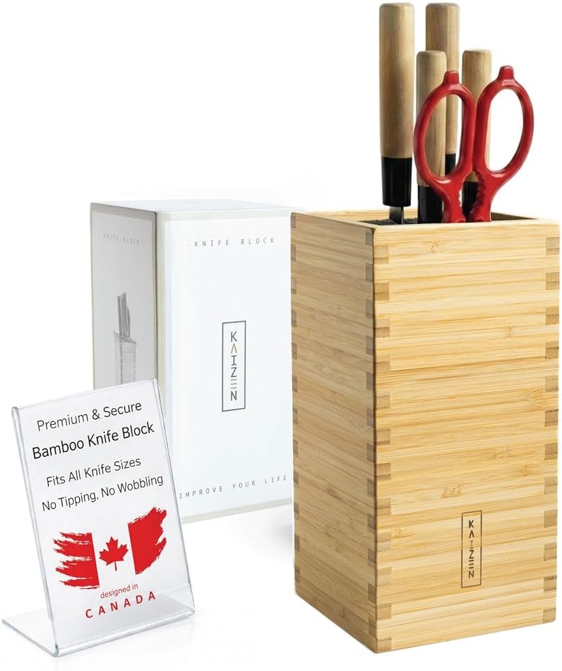 KAIZEN Bamboo Knife Block Without Knives - Perfectly Sized Universal Knife Holder for Knives, Scissors - Unique Knife Storage for Counter Top with Anti-Slip Base (Natural) - Product Image