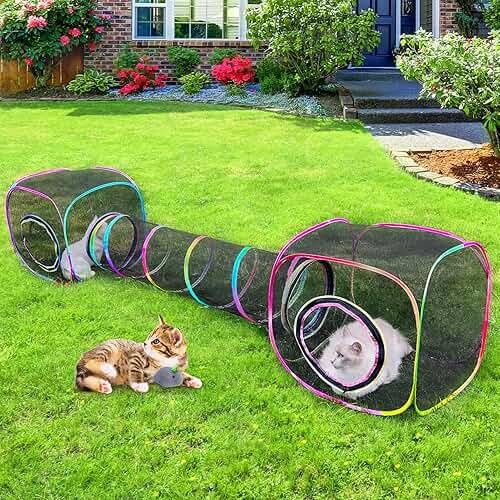 Outdoor Cat Enclosures Portable Cats Tunnel with Carry Bag Breathable Kitty Tent Outdoor with 2 Mouse Toys Outside Cat Enclosure for Indoor Cats (2 Cubes + Run Tunnel) - Product Image
