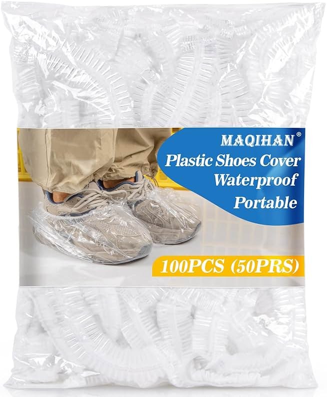 MAQIHAN 100pcs(50PRS) Shoe Covers Disposable - Portable Size Save Space for Rainy Days Waterproof Booties Covers Plastic Rain Shoe Protector Foot Covers Indoors Reusable Women Men Shoe Bags for Travel - Product Image