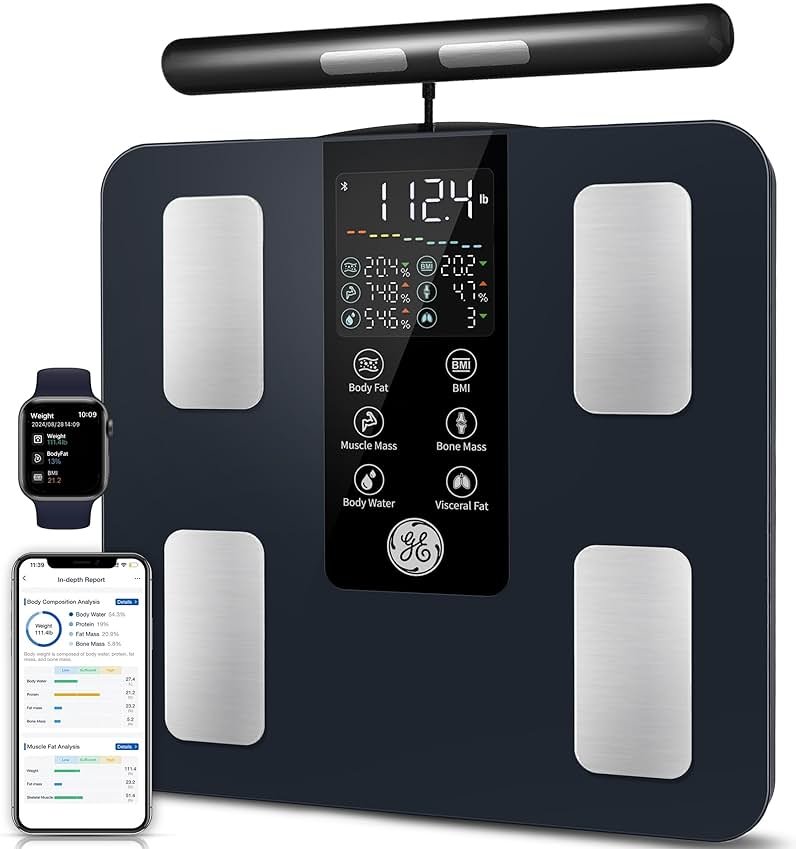 GE Smart Scale for Body Weight: 8-Electrode Digital Bathroom Scale for Weight Fat BMI Muscle Mass Full Body Composition Analyzer 50 Measurements Bluetooth Highly Accurate Weighing Machine 400lb Black - Product Image