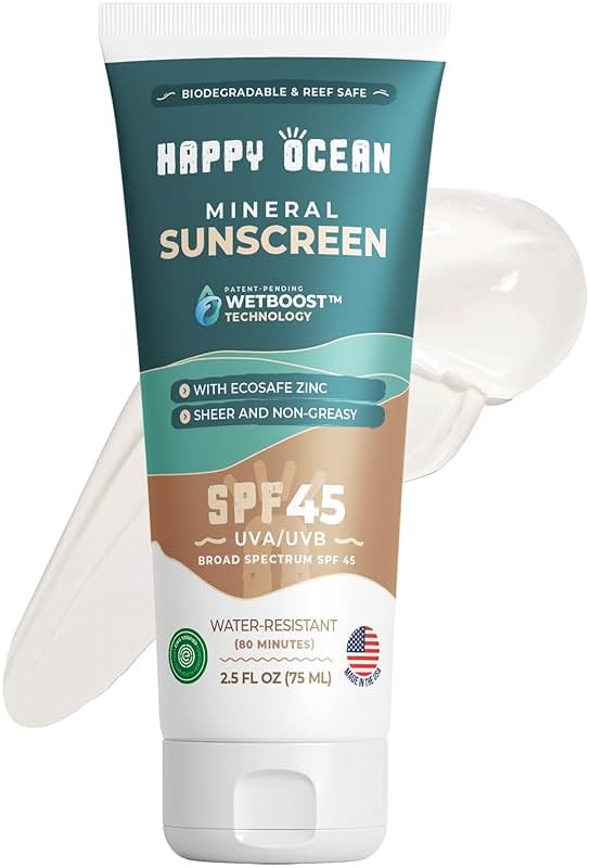 Happy Ocean SPF 45 Biodegradable Reef Safe Sunscreen for Face & Body, Non-Nano Zinc Oxide, Natural Fragrance Free Non Toxic Organic Mineral Sunscreen, Travel Size Reef Friendly Mineral Based 2.5 Fl Oz - Product Image