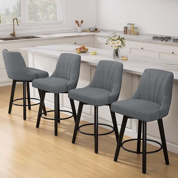 REONEY Counter Height Swivel Bar Stools, 24" Upholstered Fabric Barstools Set of 4, Counter Stool Chair with Back & Solid Wood Legs for Kitchen Island Dining Room (Dark Gray) - Product Image