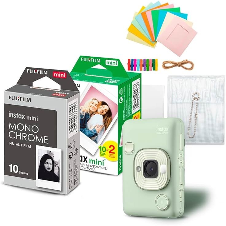 Fujifilm Instax Mini LiPlay Hybrid Instant Camera and Smartphone Printer (Matcha Green) Bundle with Instax Mini Twin Film Pack (20 Exposures), Instax Mini Monochrome Film, and Accessory Kit (4 Items) - Product Image