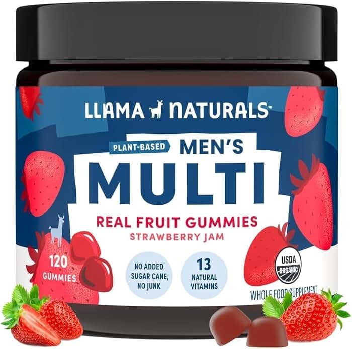 Llama Naturals Multivitamin for Men, Vegan, Organic Gummies with Vitamin D, C and K, Men's Real Fruit Gummy Vitamins, Chewable Multivitamin Supplement, No Added Sugar Cane, Strawberry, 120 Ct - Product Image