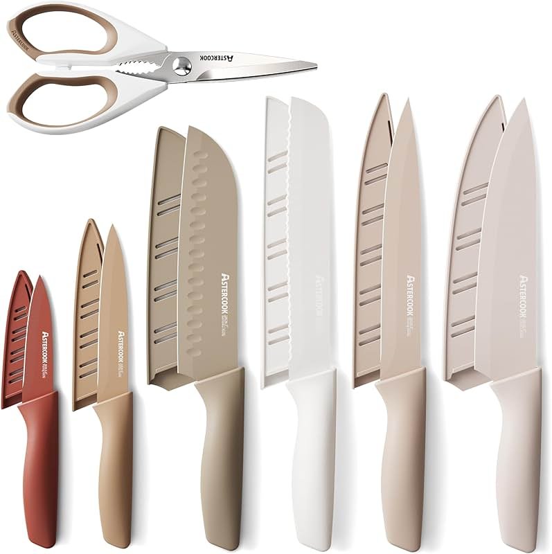 Astercook Knife Set, 13 Pieces Kitchen Knives Set with Healthy Anti-Rust Coating, Dishwasher Safe, Stainless Steel Chef Knife Sets with 6 Blade Guards, Fathers Day Gift for Men - Product Image