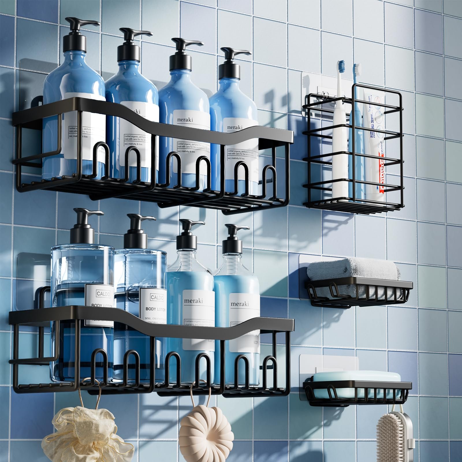 EUDELE 5-Pack Rustproof Stainless Steel Shower Caddy Set– No Drill Adhesive Bathroom Organizer, Space-Saving Shower Shelves for Apartment Essentials, Bathroom/Kitchen Storage Home Decor-L Size - Product Image
