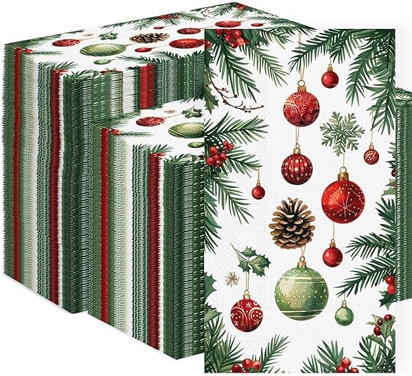 3-Ply Christmas Paper Napkins Disposable: Guest Dinner Hand Towels, Xmas Table Decorative for Bathroom Home Kitchen, Holiday Cocktail Party Decor, Red White Green (4.3x7.9 Inches, Count, 100) - Product Image