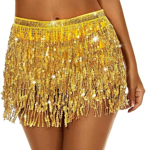 Sequin Skirt Boho Sequin Tassel Hip Scarf Sparkly Skirts Belly Dance Skirt Glitter Skirt Rave Sparkle Skirt for Women Girls - Product Image